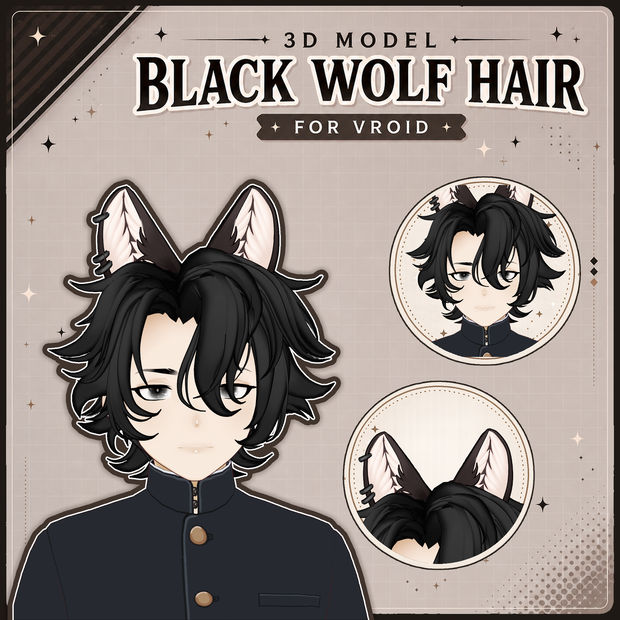 🖤 Fluffy Short Black Hair ♡ Soft & Natural Style ✨ 【VRoid Hair】ヘアプリセット + Wolf Ears 🐺 Clean & Customizable