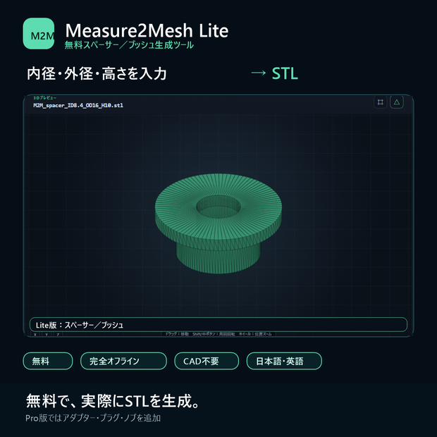 Measure2Mesh Lite｜無料スペーサー・ブッシュSTL生成ツール