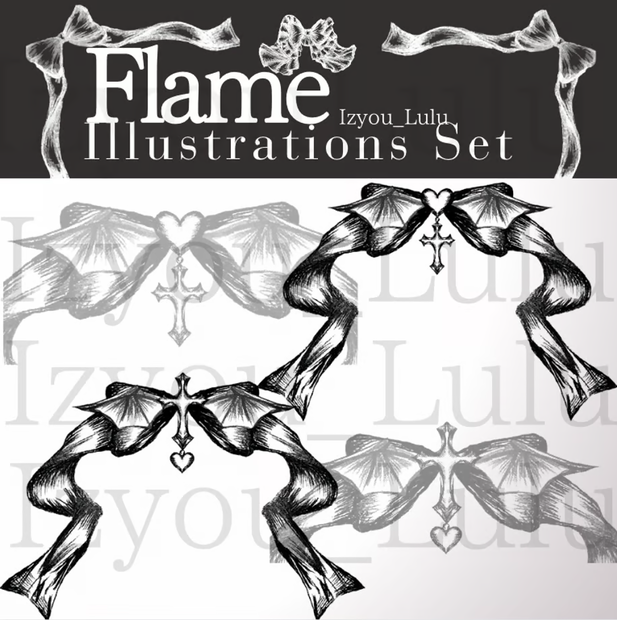 【商業利用可 Flame】 USD3$~ Gothic ゴシック devil cross Heart Black 2sets.