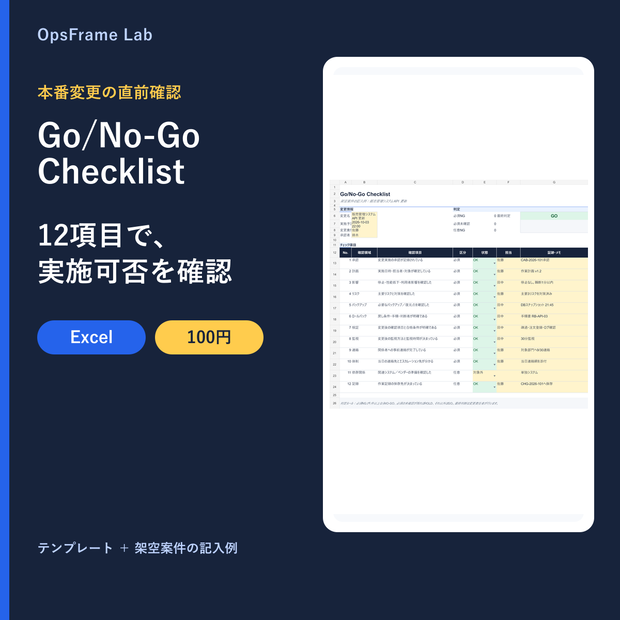 OpsFrame Lab Go/No-Go Checklist｜本番変更の直前確認を12項目で終え、GO・HOLD・NO-GOを自動表示するExcelチェックリスト