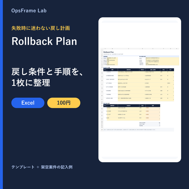 OpsFrame Lab Rollback Plan｜変更失敗時の戻し条件・手順・確認を1つにまとめる、実行用Excelミニ計画
