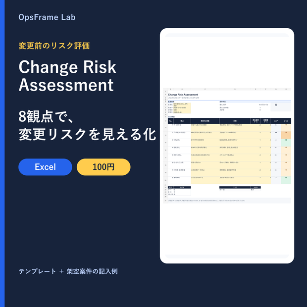 OpsFrame Lab Change Risk Assessment｜変更リスクを8観点で洗い出し、発生確率×影響度で優先順位を付けるExcel評価表