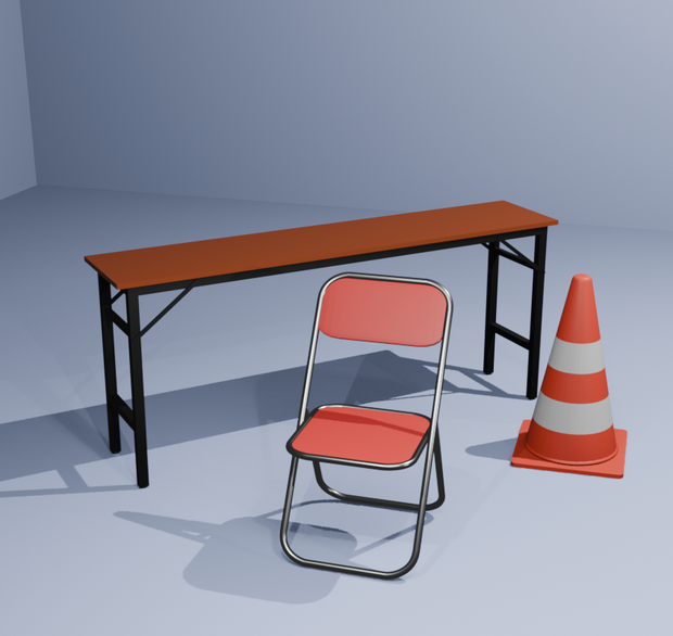 折りたたみ椅子・折りたたみ長机・カラーコーン(3Dゲームアセット)