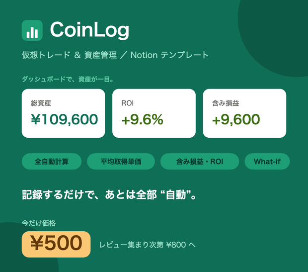 CoinLog｜仮想トレード&資産管理 Notionテンプレート【全自動計算】