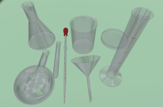 3Dモデル：ガラス実験器具8点セット