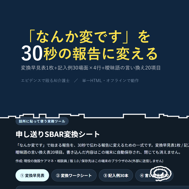申し送りSBAR変換シート 記入例30本＋早見表｜30秒で伝わる報告に変える