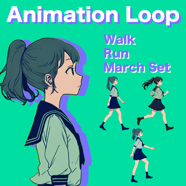 AIアニメーション素材｜少女B ポニーテール セーラー服 歩く・走る・行進（3点／ループ）・AI Animation Asset｜Girl B Ponytail Sailor Uniform / Walk / Run / March – 3 Animation Set (Loop)