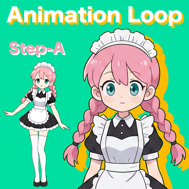 AIアニメーション素材｜少女E 三つ編み メイド ステップA｜AI Animation Asse｜Girl E Pigtail braids Maid Step-A Animation Loop