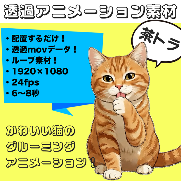 茶トラお座りグルーミング【透過アニメーション素材｜シームレスループ】 Orange Tabby Sitting Grooming – Transparent Seamless Loop Animation