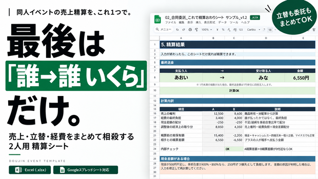 合同参加・友人委託｜これで精算おわりシート【Googleスプレッドシート向け・2人用】