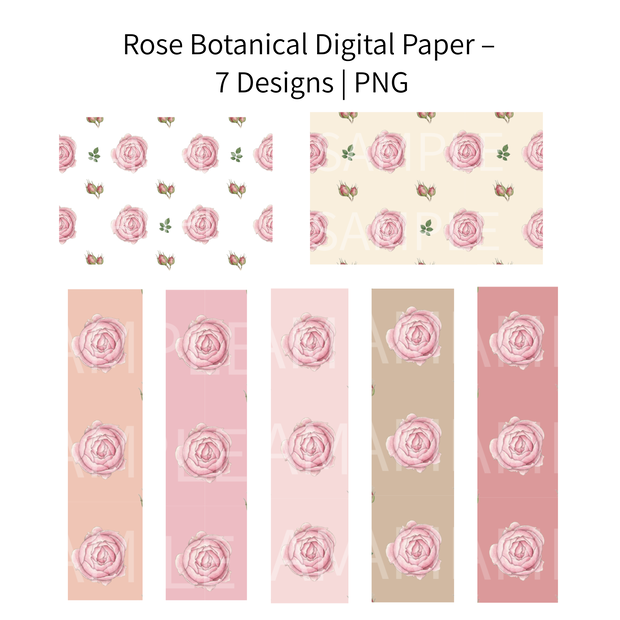 Rose Botanical Digital Paper – 7 Designs | PNG