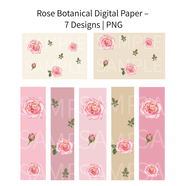 Rose Botanical Digital Paper – 7 Designs | PNG