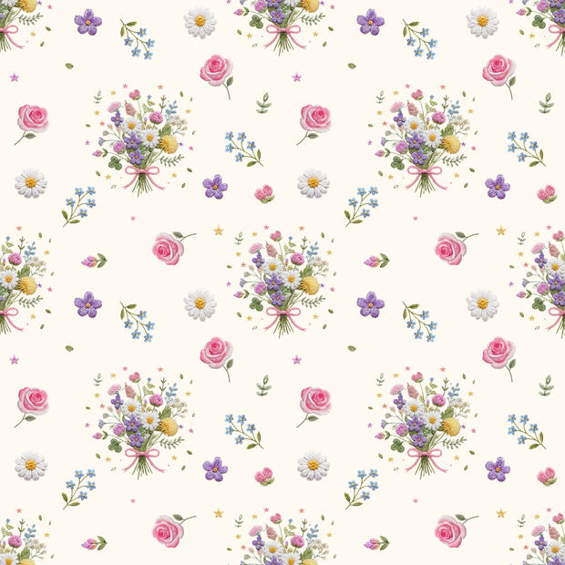 【商用利用OK】ぷっくり刺繍風・お花とブーケのシームレスデジタルペーパー｜2000×2000px｜花柄・刺しゅう・ナチュラル・コラージュ素材