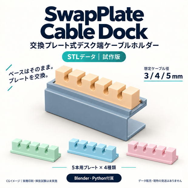 【3Dプリント用STL・Blender】SwapPlate Cable Dock｜交換プレート式ケーブルホルダー［試作版］