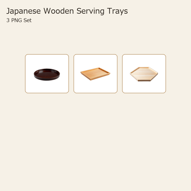 和風 木製盆 3PNGセット / Japanese Wooden Serving Trays - 3 PNG Set