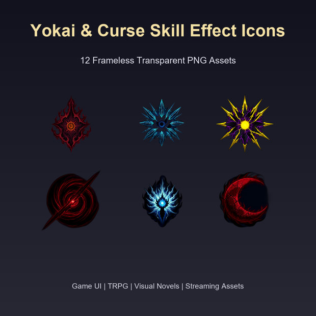 和風 怪異・呪術スキルエフェクトアイコン 12PNGセット / Yokai & Curse Skill Effect Icons - 12 PNG Set