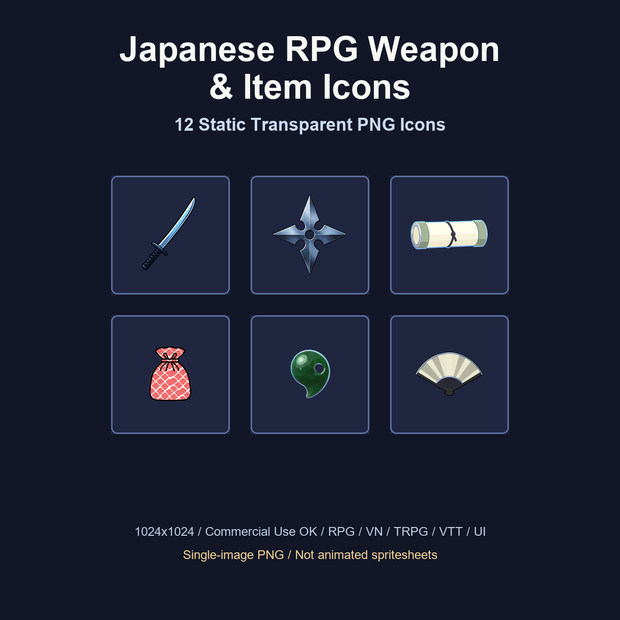和風RPG 武器・道具アイコン 12PNGセット / Japanese RPG Weapon & Item Icons - 12 PNG Set