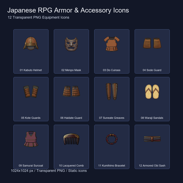 和風RPG 防具・装身具アイコン 12PNGセット / Japanese RPG Armor & Accessory Icons - 12 Transparent PNG Set