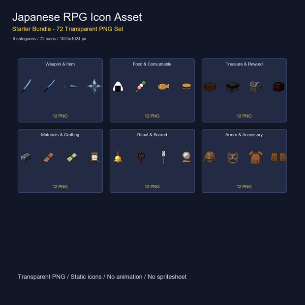 和風RPG アイコン素材スターターバンドル 72PNGセット / Japanese RPG Icon Asset Starter Bundle - 72 Transparent PNG Set
