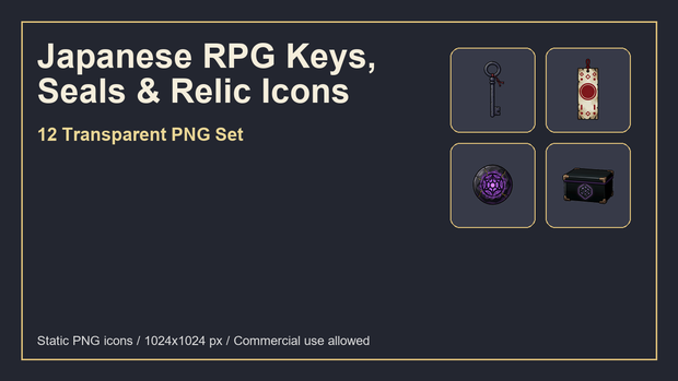和風RPG 鍵・封印・遺物アイコン 12PNGセット / Japanese RPG Keys, Seals & Relic Icons - 12 Transparent PNG Set