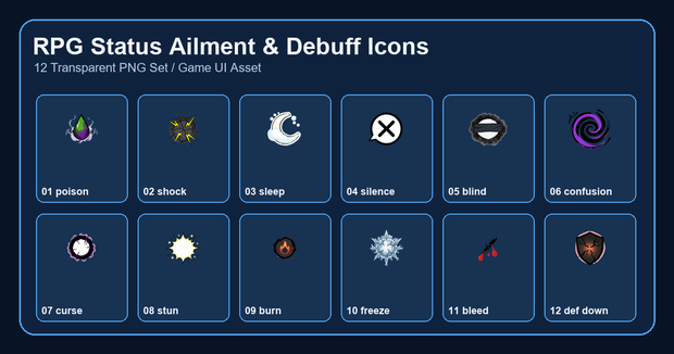 和風RPG 状態異常・デバフアイコン 12PNGセット / Japanese RPG Status Ailment & Debuff Icons