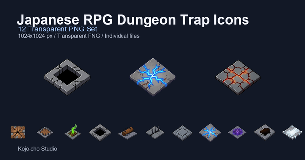 和風RPG ダンジョン床罠・仕掛けアイコン 12PNG / Japanese RPG Dungeon Trap Icons