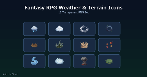 RPG 天候・環境・地形効果アイコン 12PNG / Fantasy RPG Weather & Terrain Icons
