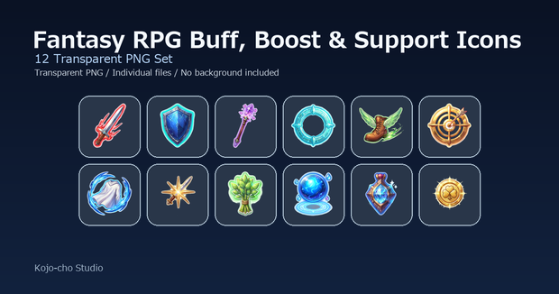 RPG バフ・強化・支援アイコン 12PNGセット / Fantasy RPG Buff, Boost & Support Icons