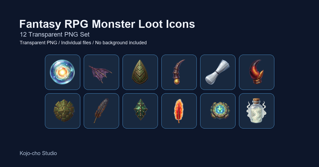 RPG 魔物素材・戦利品アイコン 12PNGセット / Fantasy RPG Monster Loot Icons