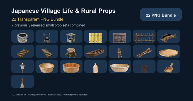 和風 村・農村・生活小物バンドル 22PNGセット / Japanese Village Life & Rural Props Bundle - 22 PNG Set