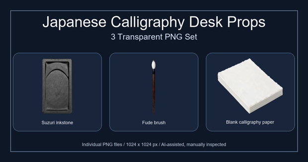 和風 書道・文房具小物 3PNGセット / Japanese Calligraphy Desk Props - 3 PNG Set