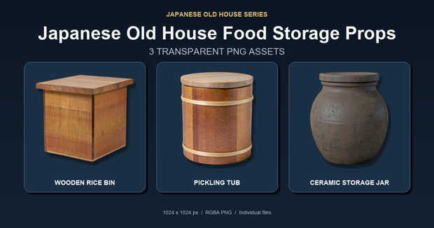 和風 古民家 食品保存容器 3PNGセット / Japanese Old House Food Storage Props - 3 PNG Set