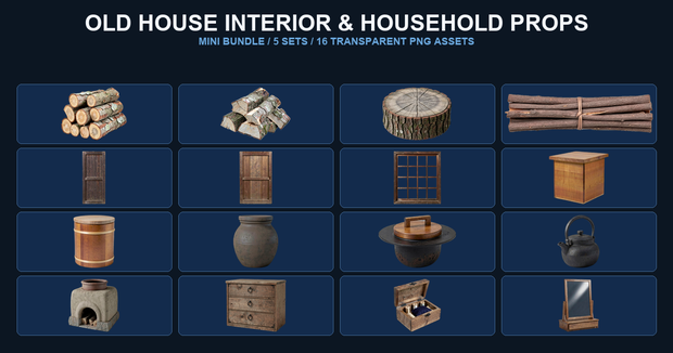 和風 古民家 室内・生活素材ミニバンドル 5商品16PNGセット / Japanese Old House Interior & Household Props Mini Bundle - 16 PNG Set