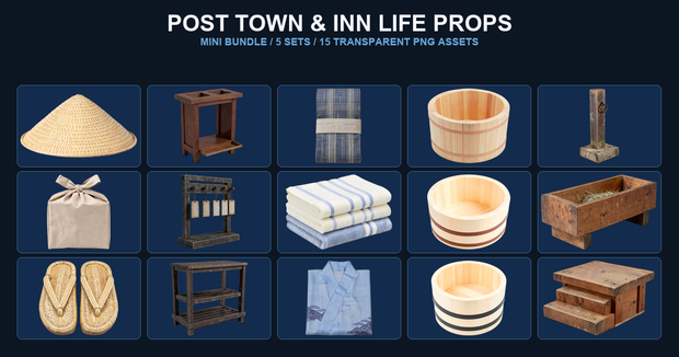 和風 宿場町・旅籠生活素材ミニバンドル 5商品15PNGセット / Japanese Post Town & Inn Life Props Mini Bundle - 15 PNG Set