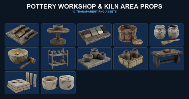 和風 陶芸窯場シーン小物 12PNGセット / Japanese Pottery Workshop & Kiln Area Props - 12 PNG Set