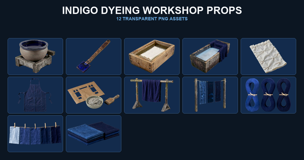 和風 藍染工房シーン小物 12PNGセット / Japanese Indigo Dyeing Workshop Props - 12 PNG Set