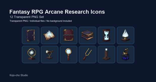 ファンタジーRPG 魔導書・魔術研究器具アイコン 12PNGセット / Fantasy RPG Grimoires & Arcane Research Instruments