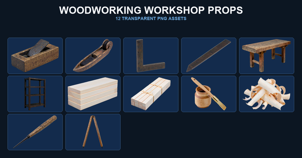 和風 木工工房シーン小物 12PNGセット / Japanese Woodworking Workshop Props - 12 PNG Set