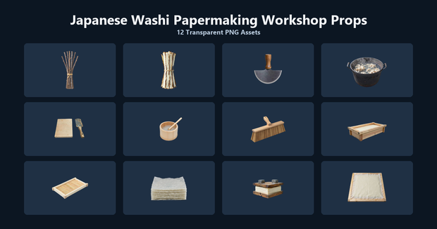 和風 紙漉き・和紙工房シーン小物 12PNGセット / Japanese Washi Papermaking Workshop Props - 12 PNG Set