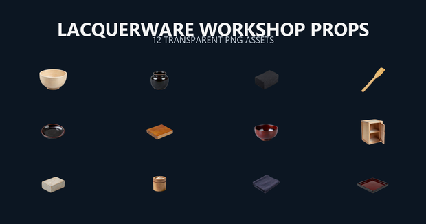 和風 漆塗り・漆器工房シーン小物 12PNGセット / Japanese Lacquerware Workshop Props - 12 PNG Set