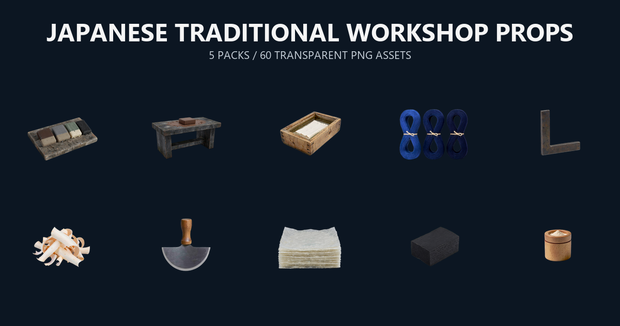 和風 伝統工房シーン小物バンドル 5商品60PNGセット / Japanese Traditional Workshop Props Bundle - 60 PNG Set