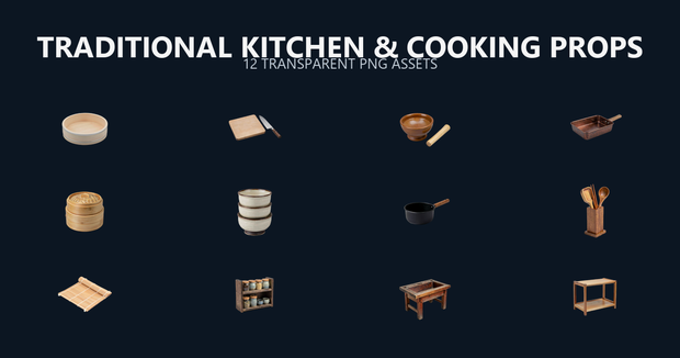 和風 料理屋・厨房シーン小物 12PNGセット / Japanese Traditional Kitchen & Cooking Props - 12 PNG Set