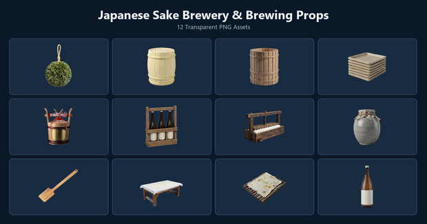 和風 酒蔵・日本酒醸造シーン小物 12PNGセット / Japanese Sake Brewery & Brewing Props - 12 PNG Set