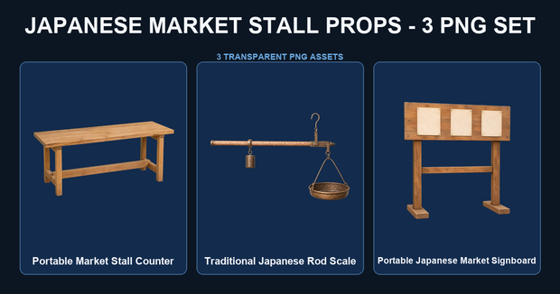 日本の市場・屋台小物 3PNGセット / Japanese Market Stall Props - 3 PNG Set