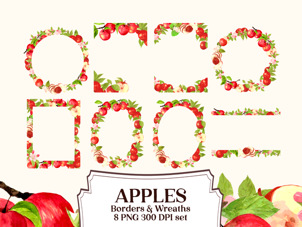 Watercolor Apple Border Pack- 300DPI PNG