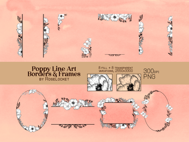 Botanical Line Poppy Borders- Transparent PNG Set