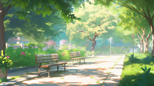 緑多めな公園、ベンチ。背景素材１～７