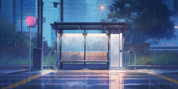 雨のバス停の背景素材１～１２