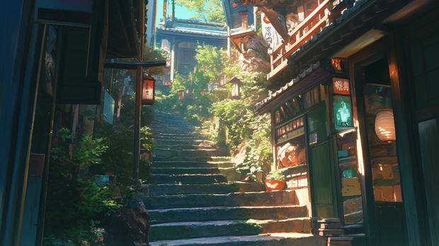 神社。ファンタジー日本の田舎の階段の背景素材１～１３