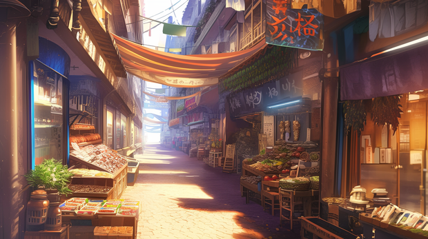ファンタジーな商店街、アーケード、市場、バザールな背景素材１～１８